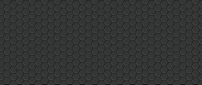 Dark carbon hexagonal tile texture, seamless black honeycomb pattern.