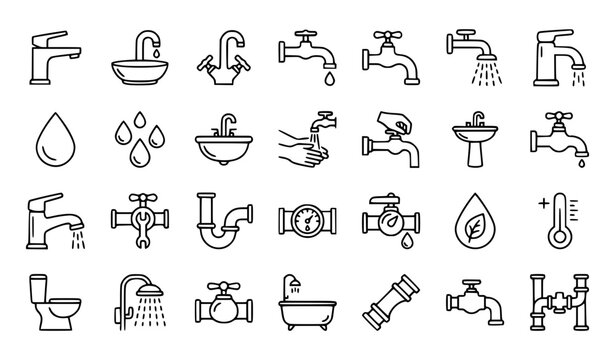 Faucet water sink tap bathroom icon set plumbing vector illustration