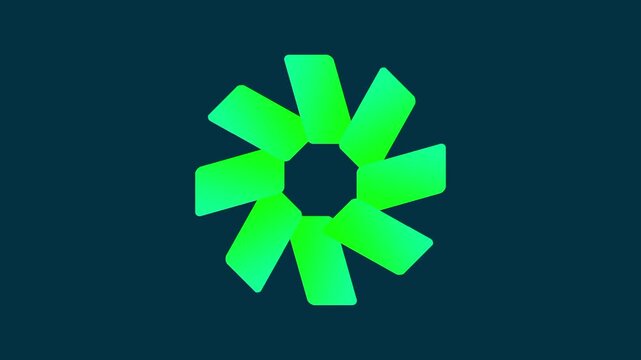 A circular icon of bright lime green spinning triangular shards glows vividly against a dark teal background with energy