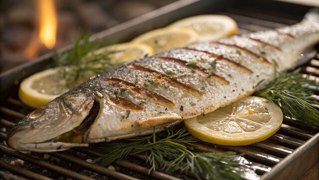 Extreme macro photorealistic branzino skin with grill marks, lemon pulp and dill detail, warm seaside light, high texture seafood composition
