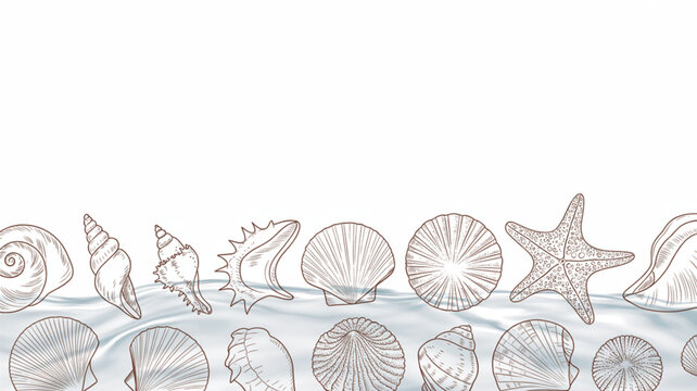 Beach seashells and starfish vector illustration, ocean shell border, coastal decorative elements, beachy line art