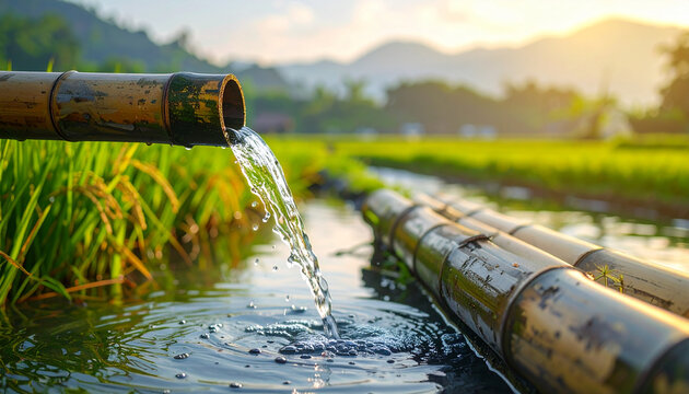 Clear water flows from bamboo pipe into a tranquil stream in daylight