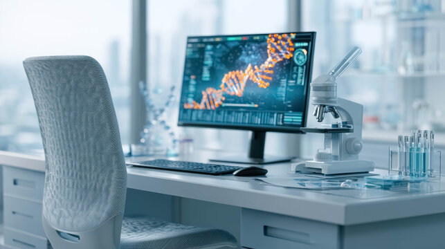 Modern genetics laboratory workstation with DNA sequence analysis on computer monitor