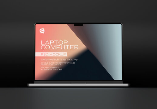 Silver Laptop with Soft Shadow on Black Background Mockup