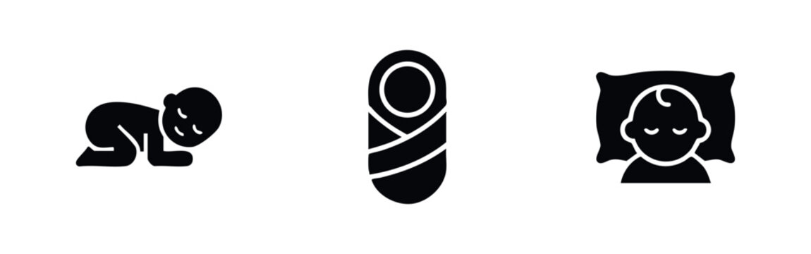 Baby sleeping and newborn icons. Child sleep positions and baby swaddle glyphs.