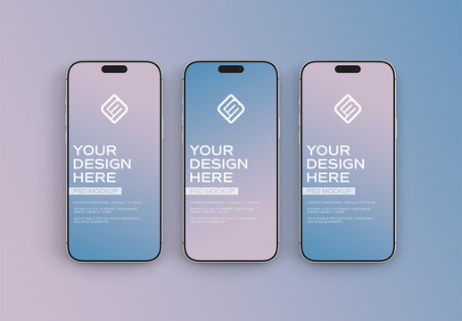 Three Colored Smartphones Isolated on Editable Background with Shadow Mockup