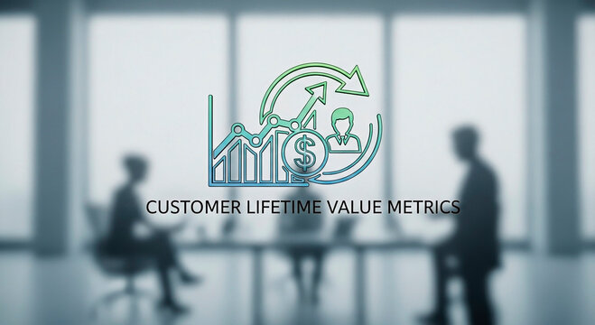 Customer lifetime value metrics concept with business graph and customer icon, blurred business meeting background.
