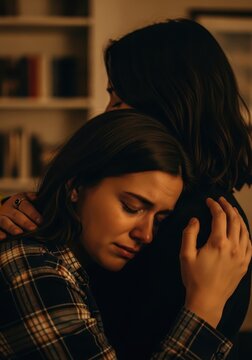 Young Woman Crying and Being Comforted by a Friend in a Warmly Lit Room, Concept of Support and Empathy
