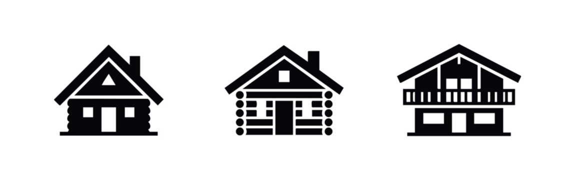Wooden house and log cabin icon set. Rustic home and cottage building symbols.