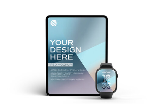 Fully Editable Tablet and Smartwatch Mockup Isolated on Transparent Background 
