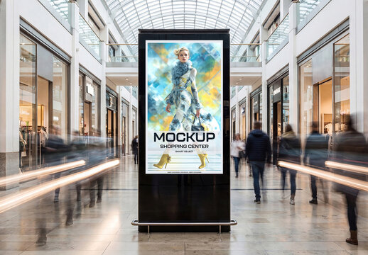 Billboard Digital Screen in Bright Shopping Center Interior Mockup