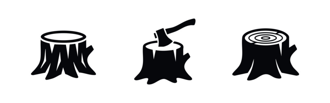 Tree stump and logging icon set. Wood cutting and tree ring symbols.