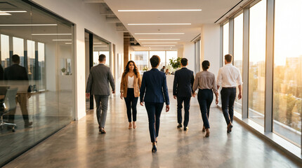 Fototapeta premium Female Leader Walking with Diverse Business Team in Modern Office
