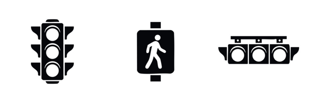 Traffic Light and Pedestrian Crossing Icons Set, Road Safety and Urban Navigation Symbols