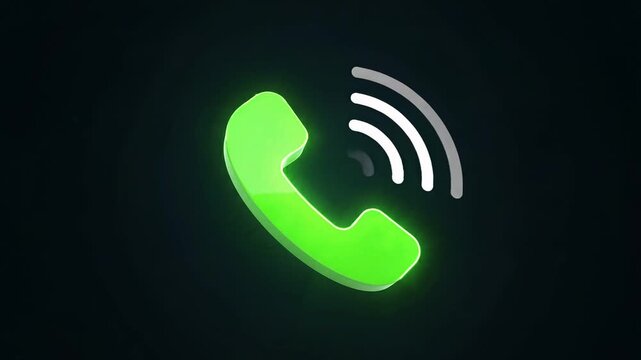 Green 3d phone call icon vibrating with white sound waves emitting on a dark background in a seamless loop