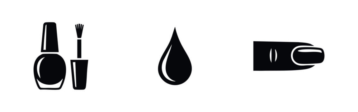 Nail polish and care icons, including bottle, liquid drop, and painted toenail.