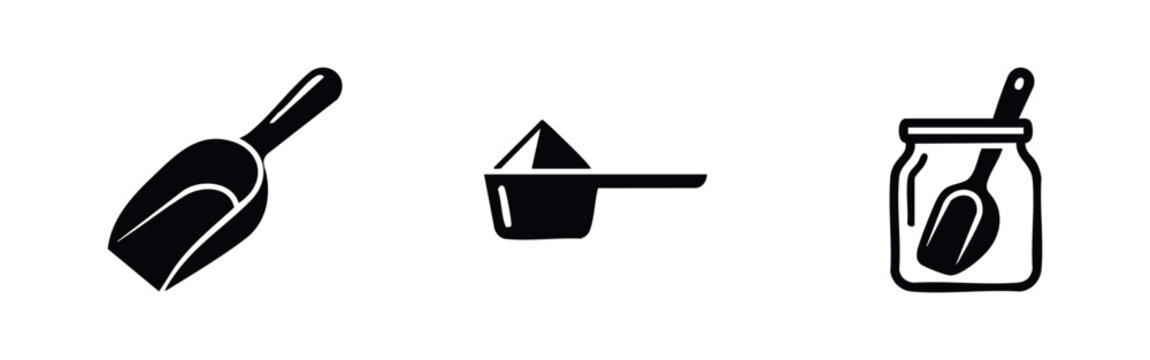 Scoop and measuring icons, including a kitchen scoop, measuring cup, and scoop in a jar.