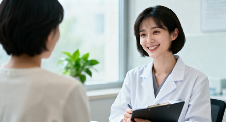 Obraz premium A smiling female doctor in a white coat discusses a medical record with a patient in a bright, indoor setting