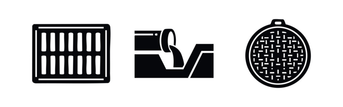 Drainage system icons including grate, pipe outflow, and manhole cover.