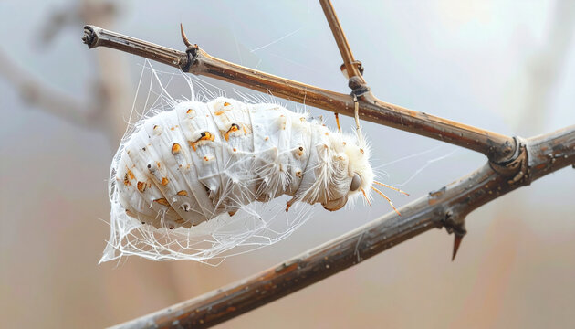 Close up of a cocoon on a brown branch showing detailed texture