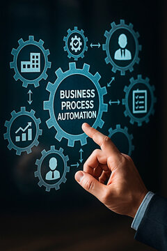 Business process automation depicted through interconnected gears and icons, symbolizing efficiency and digital transformation.