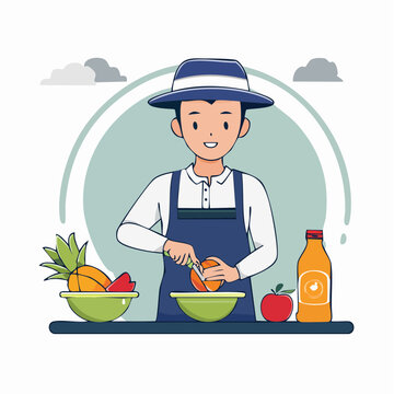 Chef preparing fresh fruit salad with juice