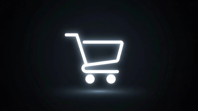 Glowing neon shopping cart icon on a dark abstract background with subtle light reflection