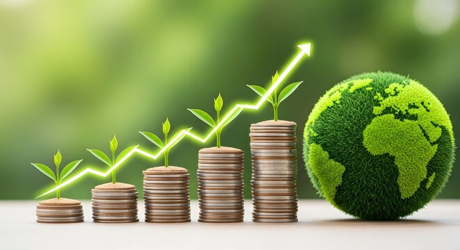 Global economic sustainability and green energy investment. Corporate environmental responsibility. Fluctuating glowing arrow rising over coin stacks next to a mossy green grass globe