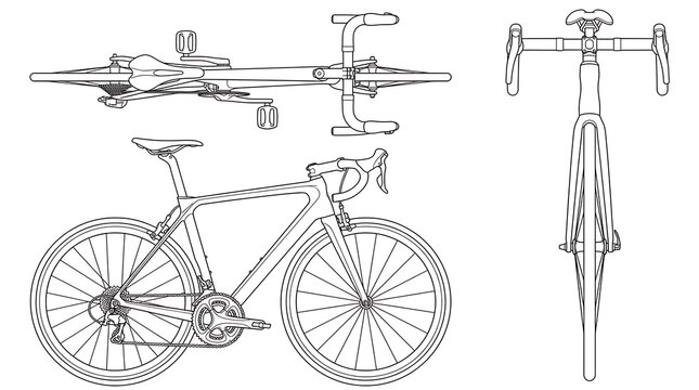 Technical line drawing of a road bicycle in three views