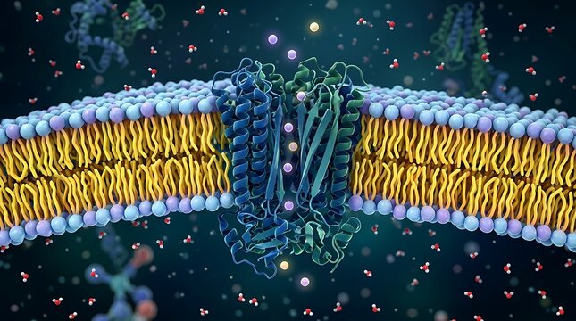 3d illustration of an ion channel protein embedded in a cell membrane