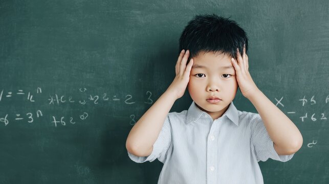 Stressed student struggling with math problems in classroom setting