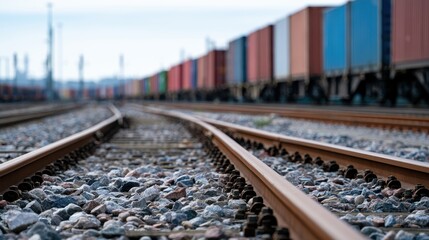 Fototapeta premium Train Tracks with Switch Leading to Blurred Freight Train and Colorful Cargo Containers