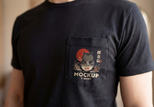 Printed Logo Close-Up on Black T-Shirt Mockup