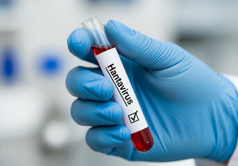 Fototapeta premium Hand in blue glove holding Hantavirus test tube