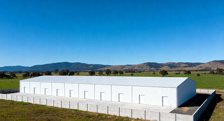 Fototapeta premium Spacious Industrial Warehouse with Multiple Bays in a Serene Rural Landscape Under a Clear Blue Sky