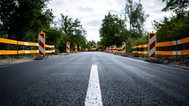 Road under construction with temporary barriers and heavy machinery in the distance.