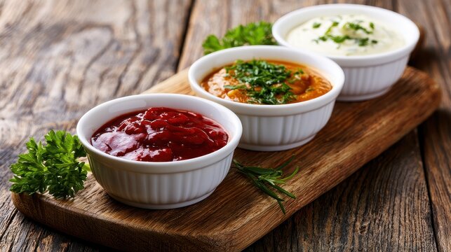 Three ramekins of dips and sauces on a wooden board with parsley and rosemary garnish