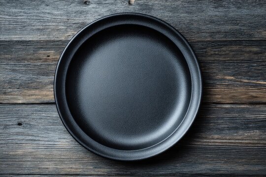 Simple, dark round plate centered on a rustic wooden tabletop