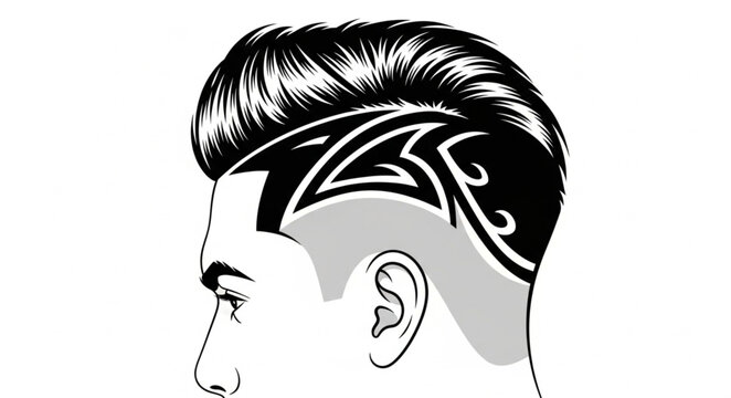 Man with stylish haircut and tribal design on side.