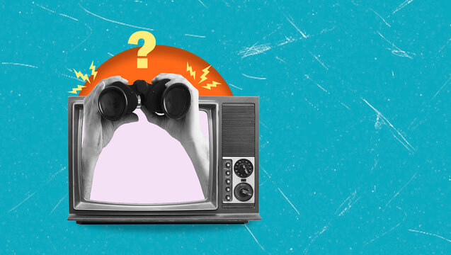 Art collage showing hands holding binoculars in front of a vintage TV with a bright background and question mark symbolizing curiosity