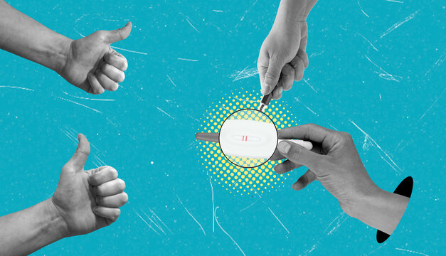 An artistic collage depicting hands raised in approval and a positive pregnancy test with two lines.