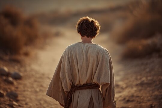 Young David walking on a qoiet desert path, humble and calm; wearing a tunic, biblical setting.