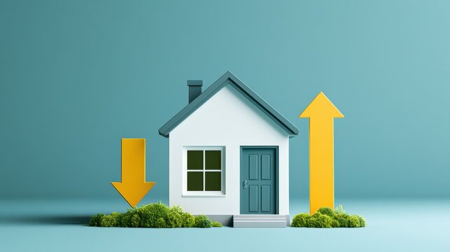 3D illustration of a house with upward and downward arrows indicating market fluctuations