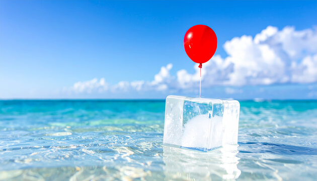 A bright red balloon tied to a melting ice cube floating on the calm turquoise ocean water under a sunny blue sky with white clouds