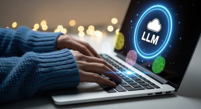 Person Using Laptop with Large Language Model LLM Interface and Biometric Fingerprint Security Icons