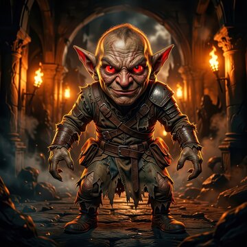 Goblin Warrior Standing Menacingly in a Dark Stone Dungeon