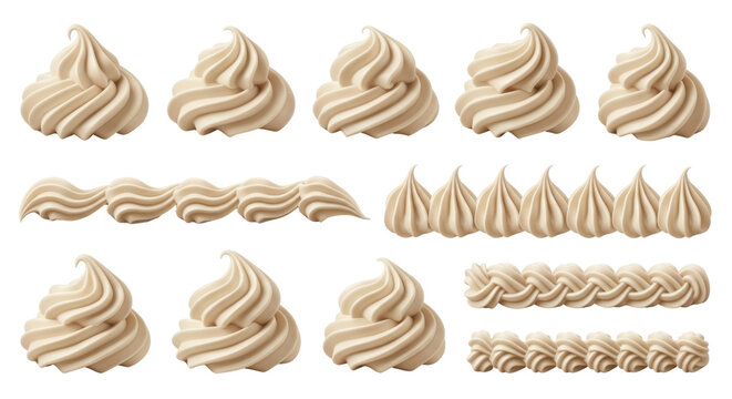 Swirled whipped cream dollops and decorative frosting borders, beige buttercream piping set, sweet dessert toppings on white background