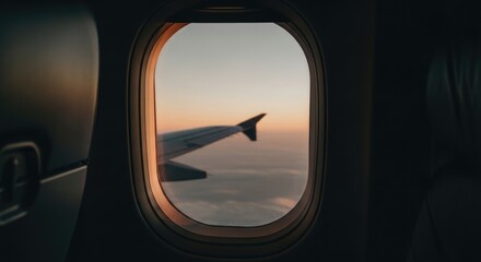 Fototapeta premium Airplane window view of wing during sunset with clouds below.