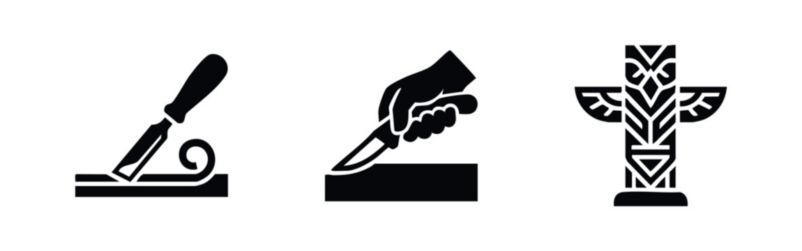 Wood carving tools and traditional totem pole icons, representing craftsmanship and cultural art.