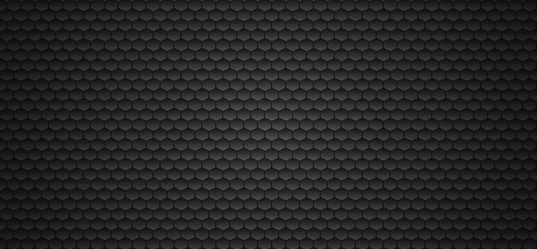 Small hexagon mesh background dark black carbon texture.